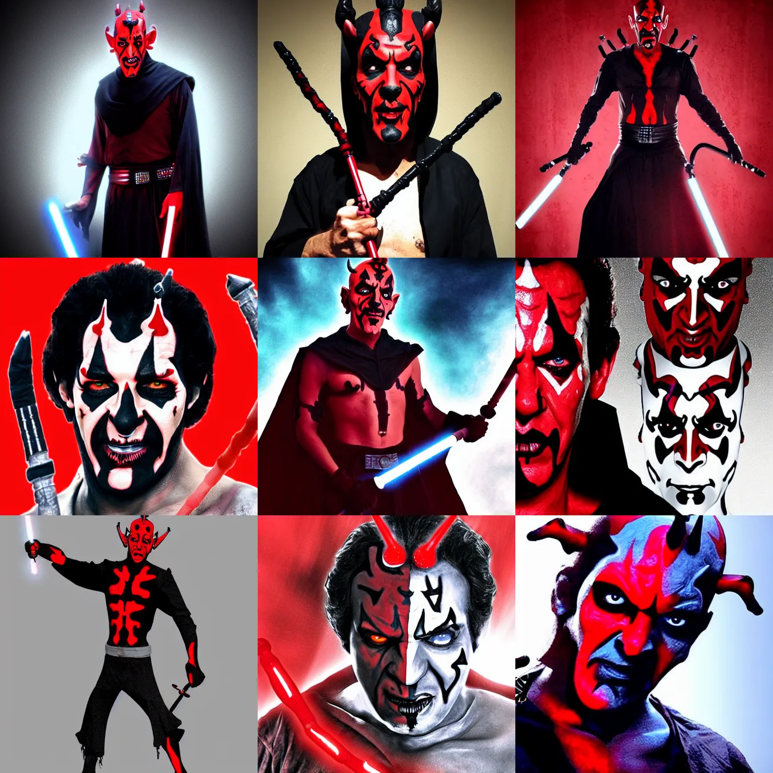 Prompt: neil breen as darth maul, neil breen face, darth maul red and black shading