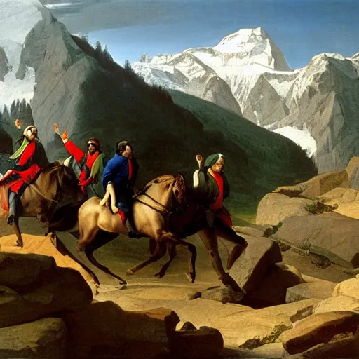 Prompt: steve jobs crossing the alps painting by jacques louis david.