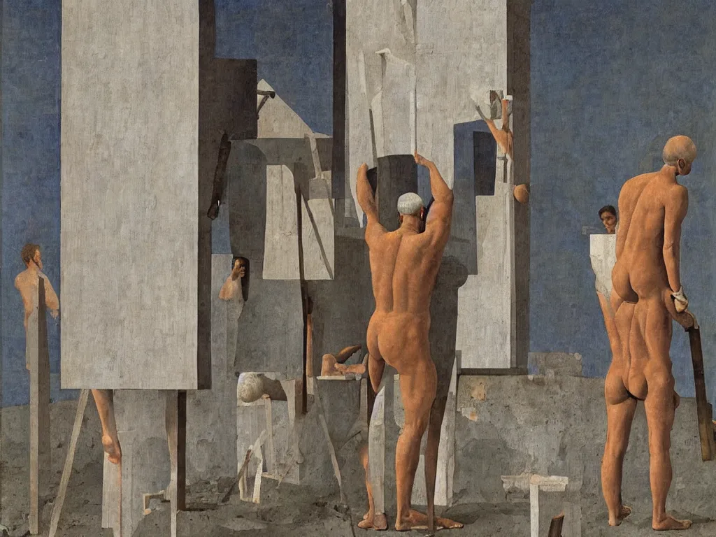 Prompt: The muscular worker renovating a house. Painting by Alex Colville, Piero della Francesca, Max Ernst.