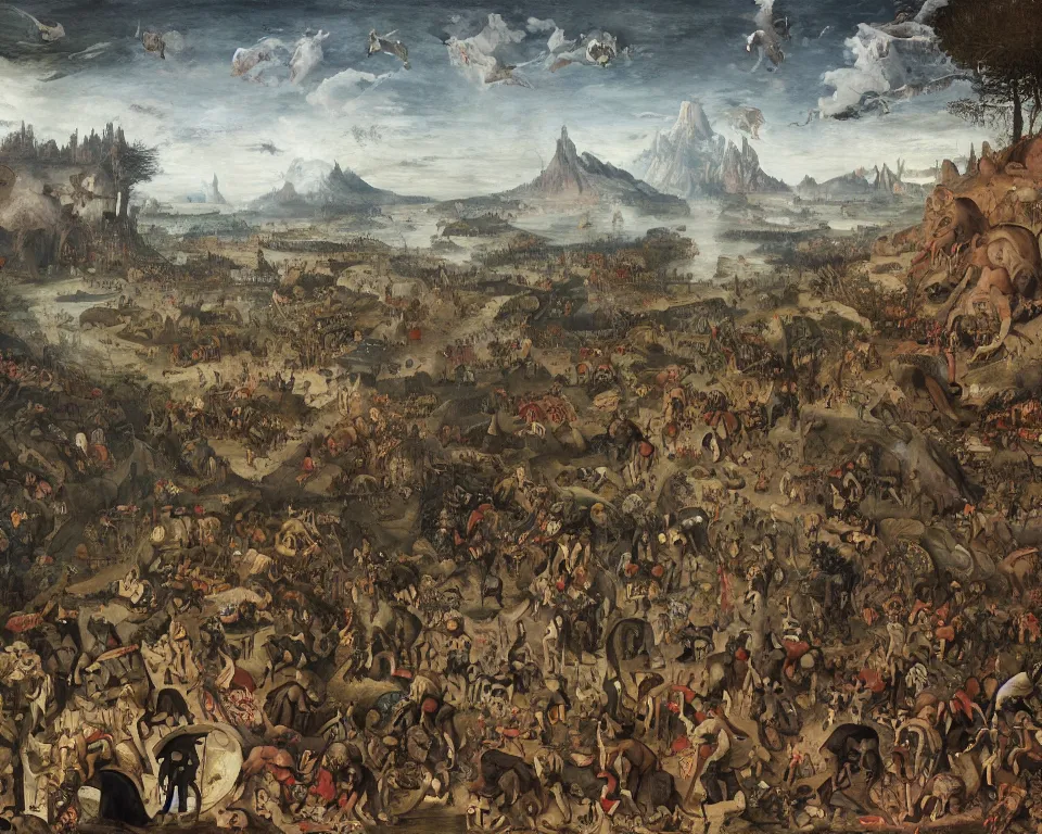 Image similar to doom eternal by jakub rozalski, garden of eternal delights hell by hieronymus bosh, triumph of death by pieter brueghel, doom eternal by hieronymus bosh, sharp focus panorama