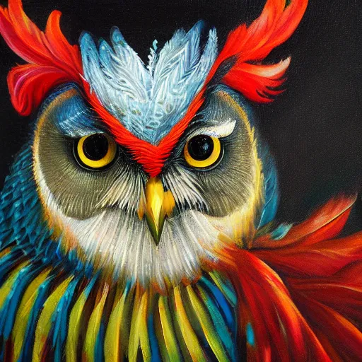 Image similar to hybrid bird cross between rooster and an owl detailed oil painting luminescent magical realism 4 k