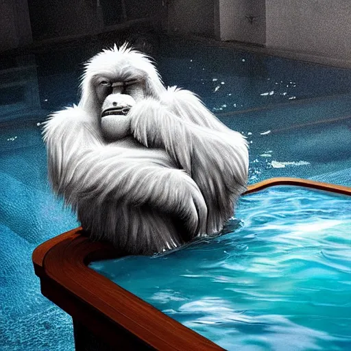 Image similar to “a yeti in a hottub, realistic, hiperrealist, photorealist, intricate, sharp focus, cinematic lights, Artstation HQ, Deviantart trending, 4K UHD, masterpiece”