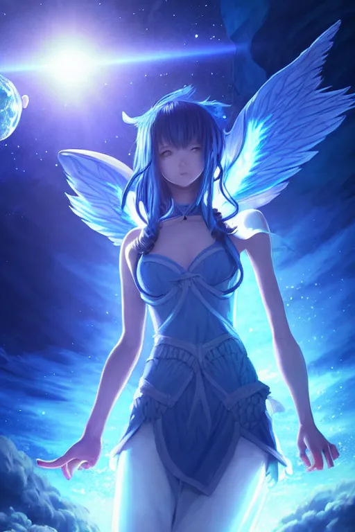 Image similar to blue dressed summoner girl fighting against outer gods with their creatures. floating planets on the background, box office hit, fantasy and cosmic horror movie, unreal engine, intricate, highly detailed 8 k, ambient occlusion, extremely beautiful and aesthetic shape of face and body, art by hiroaki samura and ilya kuvshinov and rossdraws