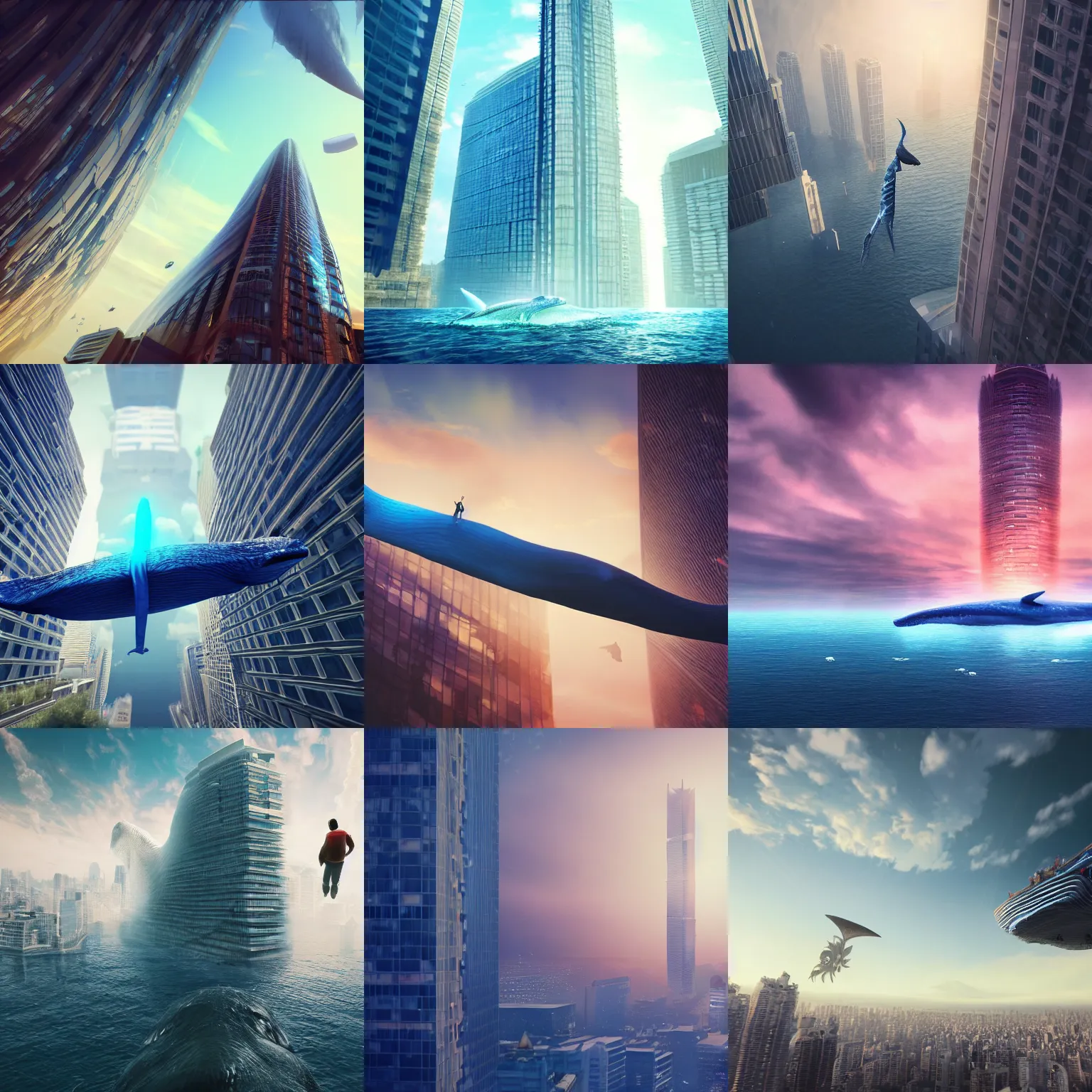 Prompt: a huge bluewhale is floating in mid air near a skyscraper, epic, cinematic shot, soft light, soft colore, artstation, atmosphere, high definition