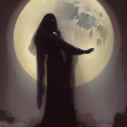 Image similar to awe-inspiring award-winning concept art painting of attractive figure in black shrouds as the goddess of the moonbow, rainbow, by Michael Whelan, William Adolphe Bouguereau, John Williams Waterhouse, and Donato Giancola, cyberpunk, extremely moody lighting, glowing light and shadow, atmospheric, shadowy, cinematic, 8K,