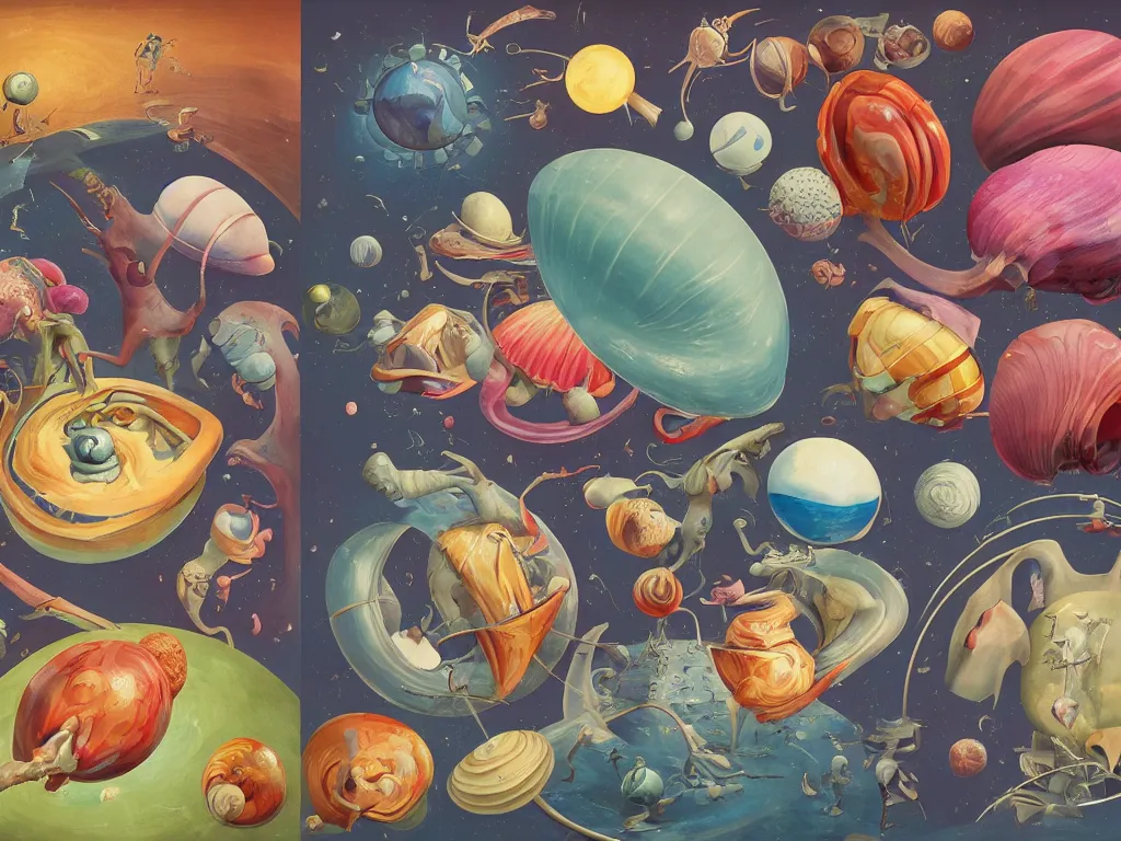 Prompt: isometric bulbous alien planets in gouache detailed bright funny paintings rotated left rotated right props stylised hieronymus bosch stylised two shell cover album two shell cover album, cg art, highly detailed, 3 d objects, vibrant, ray tracing, 8 k resolution