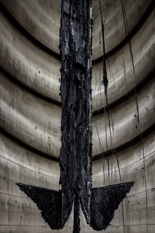 Prompt: ASYMMETRICAL irregular brutalist blackmetal graffiti spiraling jagged winged sculpture made of glossy black liquid latex and industrial hardware, hanging from ceiling in abandoned nuclear missle silo, designed by nancy grossman, anish kapoor, herman nitsch, 8k, hyperrealistic, hyper-detailed, highly textured, gloss finish, sharp focus, dark volumetric lighting