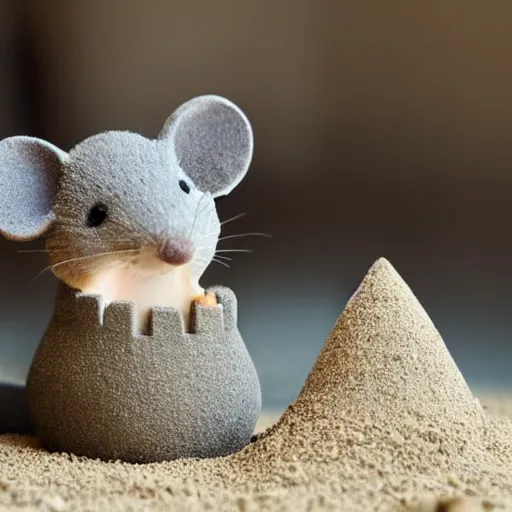 Prompt: a very cute grey mouse sitting in a small sand castle