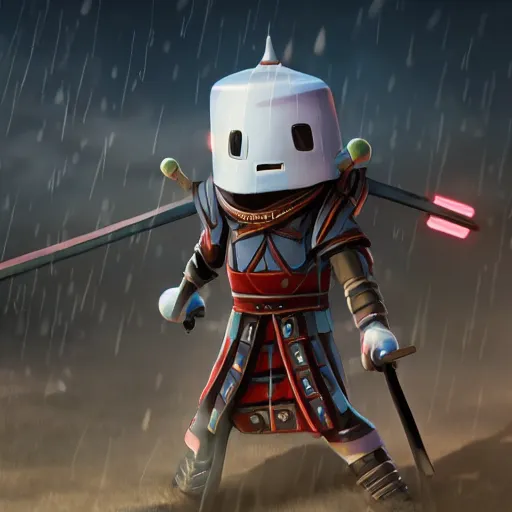 Image similar to A marshmallow samurai on the anchient village in the risk of rain 2 style, very coherent symmetrical artwork, cinematic, hyper realism, high detail, octane render, unreal engine, 8k, trending on artstation