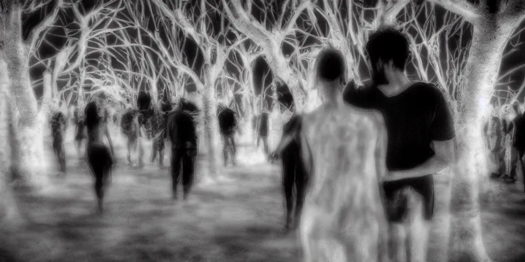 Image similar to love, groups of people in infrared, from behind, rebirth, wide angle, cinematic atmosphere, elaborate, highly detailed, dramatic lighting