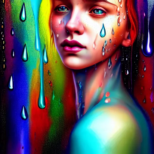 Image similar to portrait of girl in uniquely colored psychedelic rain with wet hair and face, water drops, epiphany, bliss, fantasy, intricate, elegant, dramatic lighting, highly detailed, lifelike, photorealistic, digital painting, artstation, concept art, smooth, sharp focus, illustration, art by John Collier and Albert Aublet and Krenz Cushart and Artem Demura and Alphonse Mucha