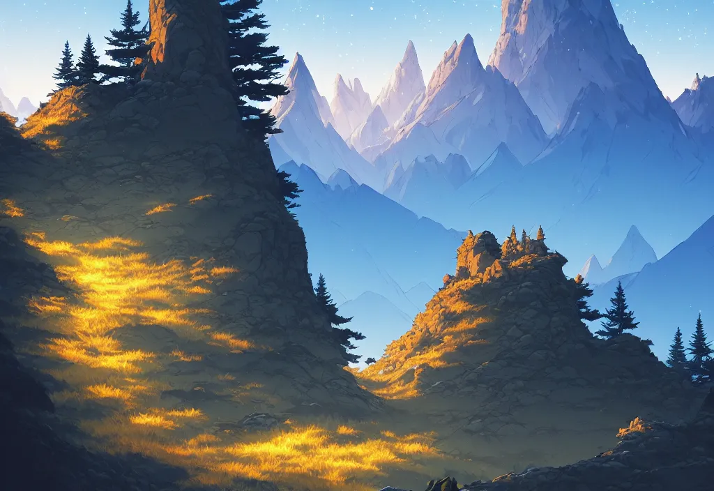 Image similar to mountains background with pines at night, rocks, trees, castle, night sky, intricate oil painting, high detail illustration, sharp high detail, manga and anime 1 9 9 9, official fanart behance hd artstation by jesper ejsing and makoto shinkai, 4 k,