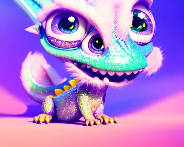 Prompt: a cute cute baby dragon, big eyes, soft fur texture, pastel colours, colorful, shiny glitter crystals, cute, adorable, pixar animation style, detailed, soft light, octane render, cute, 4 k,