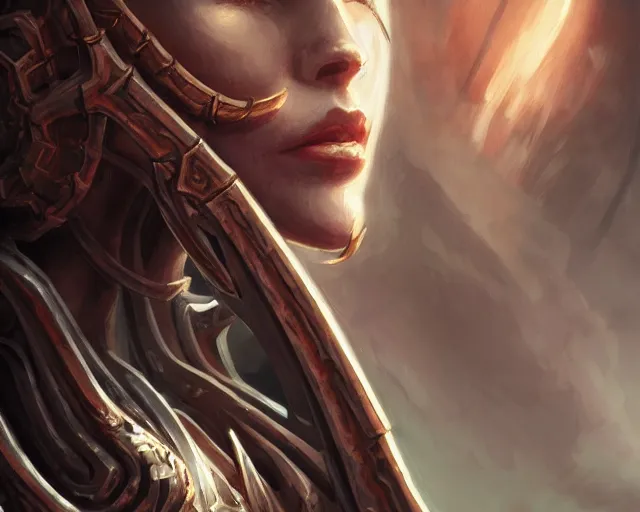 Image similar to extreme close up portrait of a aeldari in wraithbone armor, bottom up lighting, stoic, poised, deep focus, d & d, fantasy, intricate, highly detailed, digital painting, artstation, concept art, matte, sharp focus, illustration, hearthstone, art by artgerm and greg rutkowski and alphonse mucha