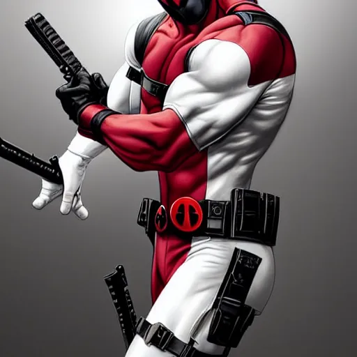 Image similar to deadpool character wearing white!!!, hyperrealistic, highly detailed, cinematic, volumetric sunlight, beautiful, cgssociety, artstation, 8 k, oil painting by greg rutkowski, by artgerm, by wlop