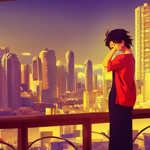 Prompt: A proud mother cutting her son's hair , Karachi skyline background, rich vivid colors, ambient lighting, dynamic lighting, 4k, HQ, official media, anime key visual, makoto shinkai, ilya kuvshinov, lois van baarle, rossdraws, detailed, trending on artstation