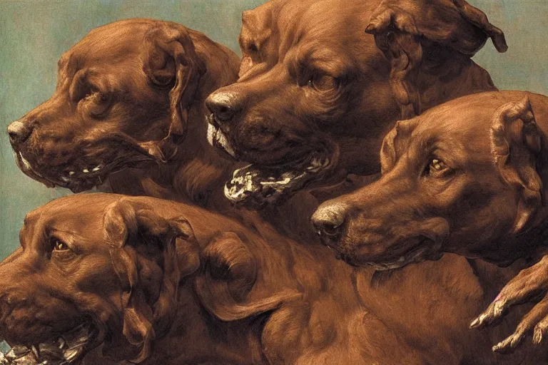 Image similar to hyperdetailed matte art of a three headed dog cerberus by william blake, ilya repin, amano, rene magritte, craig mullins, three headed dog cerberus, details