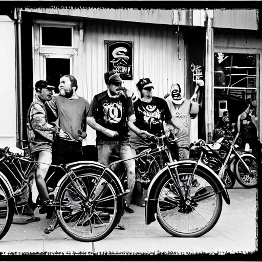 Image similar to a biker gang of coyotes, waiting outside a bar, smoking cigarettes and drinking beer, 25mm, black and white photography