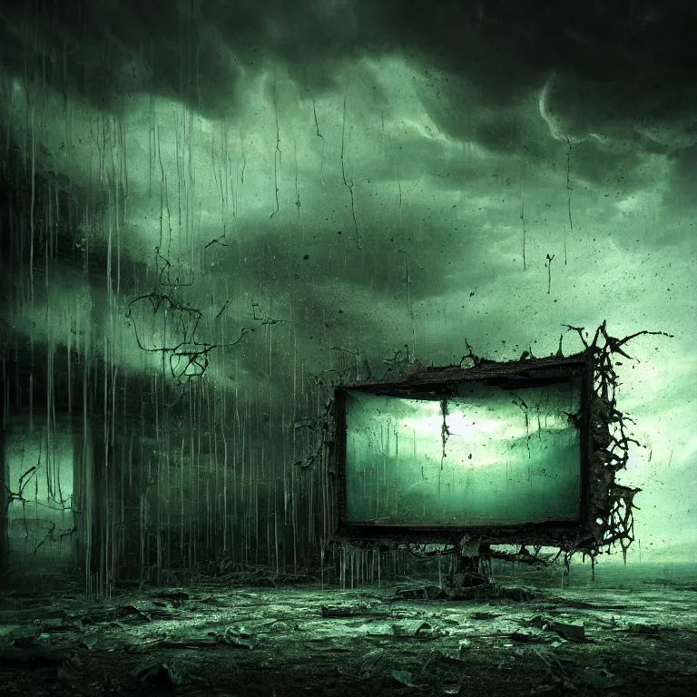 Image similar to surreal abandoned ribbed broken dripping pc monitor wreck, dark clouds, dark green tint, surreal abandoned buildings, dream-like heavy atmosphere, baroque painting, beautiful detailed intricate insanely detailed octane render trending on Artstation, 8K artistic photography, photorealistic, dramatic volumetric cinematic perfect light, chiaroscuro, award-winning photograph, masterpiece, Raphael, Caravaggio, Beksinski, Giger