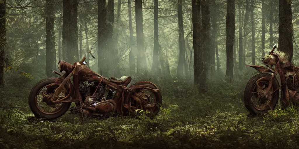 Prompt: Photograph of an abandoned rusty 1950's Harley Davidson in a forest track, covered with vegetation, soft lighting, crepuscular rays, realistic octane render, 8k, ultra detailed, concept art