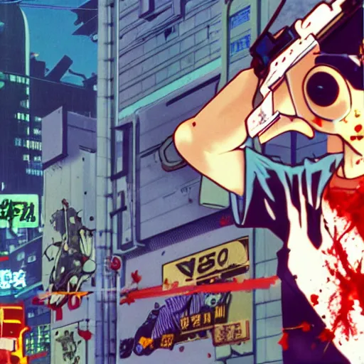 Image similar to 1991 Video Game Screenshot, Anime Neo-tokyo Cyborg bank robbers vs police shootout, bags of money, Police Shot, Bullet Holes and Blood Splatter, Anime VFX, Violent, Action, MP5S, FLCL, Highly Detailed, 8k :4 by Katsuhiro Otomo + Studio Gainax + Arc System Works : 8