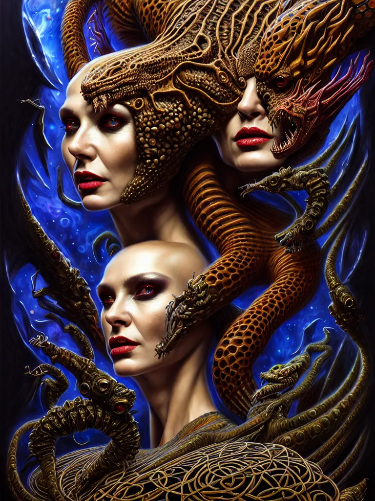 Image similar to cinematic fullbody portrait. complex hyper-maximalist overdetailed cinematic cosmic scifi portrait of an elegant very attractive but wild and dangerous reptilian goddess by andrei riabovitchev, tomasz alen kopera, oleksandra shchaslyva. Omnious intricate. Secessionist portrait illustration. Poison goddes. Focus on face. Artstation. Deviantart. 8k 4k 64megapixel. Rendered by binx.ly.