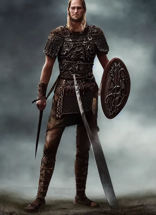 Image similar to aesthetic digital illustration of alexander skarsgard as a kneeling viking warrior, by anne stokes | dirty and bloody, concept art, character concept, matte background. unreal engine, finalrender, centered, deviantart, artgerm