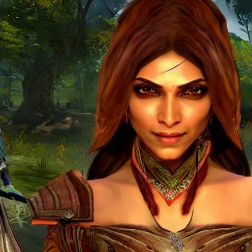 Prompt: a screenshot of deepika padukone in the video game guild wars 2. 3 d rendering. unreal engine. amazing likeness. very detailed. cartoon caricature