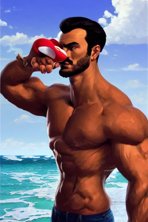 Image similar to gigachad bodybuilder luigi drinking the ocean by ilya kuvshinov, ernest khalimov body, super mario bros symmetrical face concept art, hyper realistic, intricate, elegent, highly detailed, digital painting, concept art, smooth, sharp, focus, illustration, art by artgerm and greg rutkowski and alphonse mucha, artstation