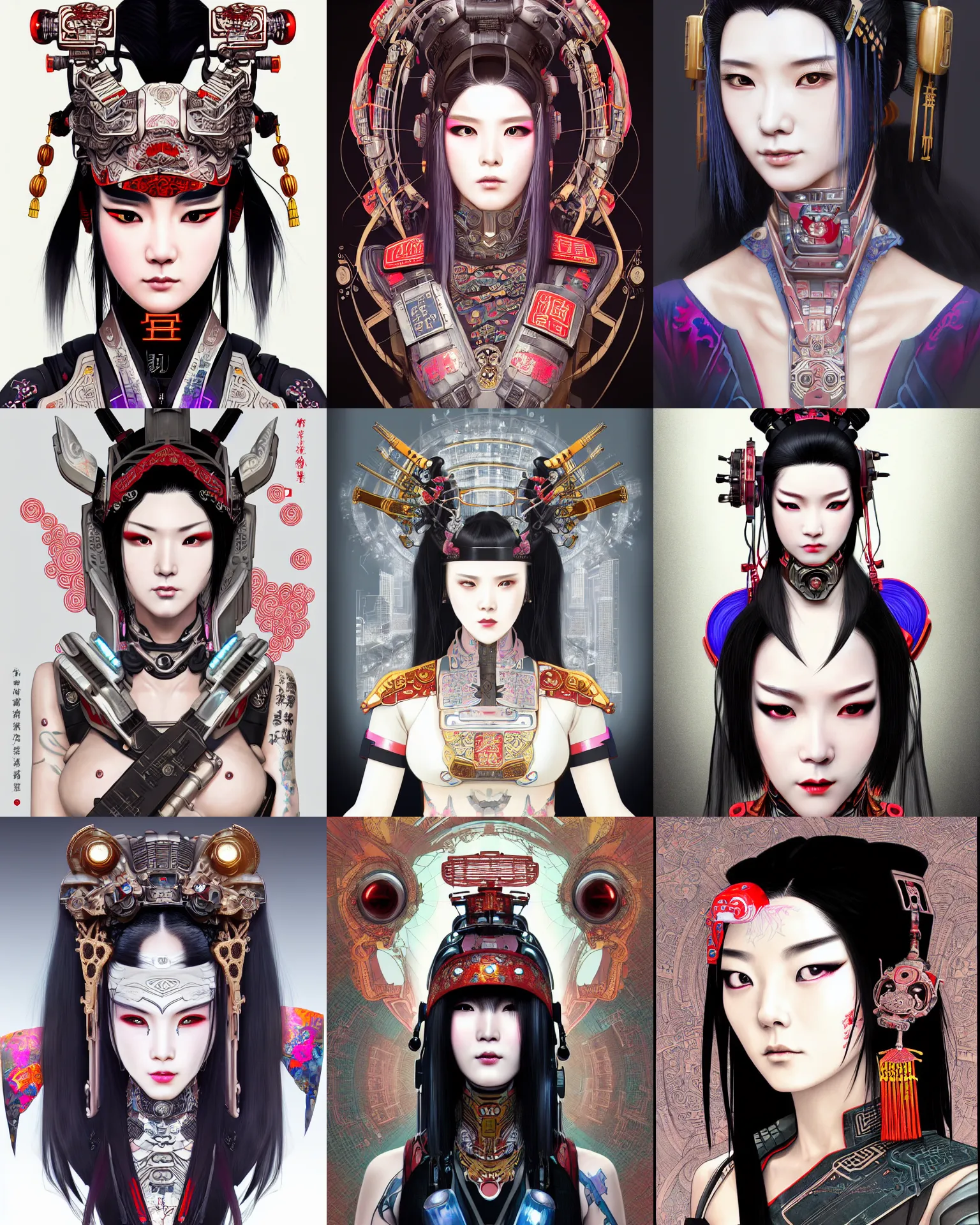 Prompt: upper half portrait of a female with machine head gear cyberpunk face accessories, decorated with chinese opera motifs, cyberpunk, royal, ghost in the shell, wuxia, hanfu, traditional chinese art intricate intense elegant highly detailed digital painting artstation concept art smooth sharp focus illustration, art by mike nash and artgerm and alphonse mucha and yukito kishiro