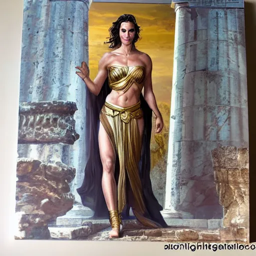 Image similar to Full body oil painting of the beautiful woman Gal Gadot, she is wearing some withe ancient roman cloths and a surreal ornate, her hair is natural disheveled, she is approaching heaven, she is in the Parthenon in Athens while people are claiming for her, she is attracting lightnings, aerial view, naturalism, dramatic lighting, high-detailed oil painting by Ilya Repin, Michelangelo da Caravaggio, William Blake, Alex Grey and Beksinski, trending on Artsatio, hystorical painting, masterpiece, 4k, 8k,