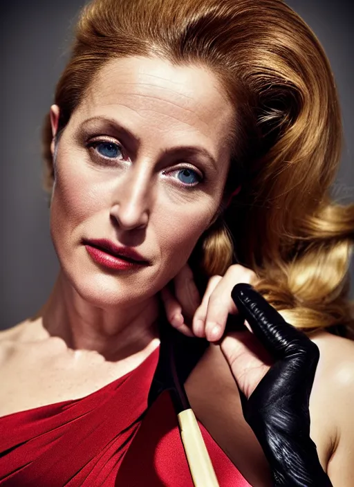 Image similar to full length photo of a gorgeous Gillian Anderson dressed as wonder woman by Mario Testino and stanley lau, detailed, head shot, award winning, Sony a7R, trending on artstation