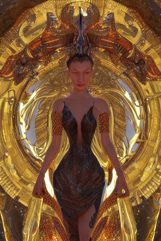 Prompt: a highly detailed metahuman 4 k render of an alien psychedelic goddess bella hadid in iris van herpen dress schiaparelli in diamonds swarovski and jewelry in style of alphonse mucha gustav klimt trending on artstation made in unreal engine 4