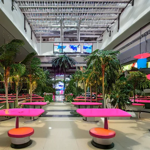 Image similar to overgrown vaporwave 9 0 s mall food court concerted into a sanctuary by cybernetic valentino fashion cult