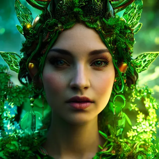 Image similar to portrait elf of the forest, glowing, ornate and intricate green jewelry, jaw dropping beauty, glowing background lighting, green accent lighting, hyper detailed, fairy tale, 4 k octane render