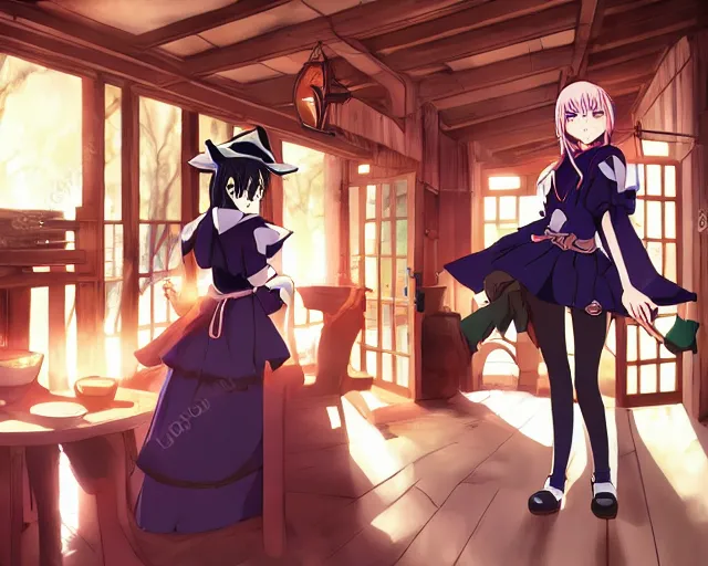 Prompt: key anime visual portrait of a young female witch in a tavern interior defending a companion, dynamic pose, dynamic perspective, cinematic, dramatic lighting.