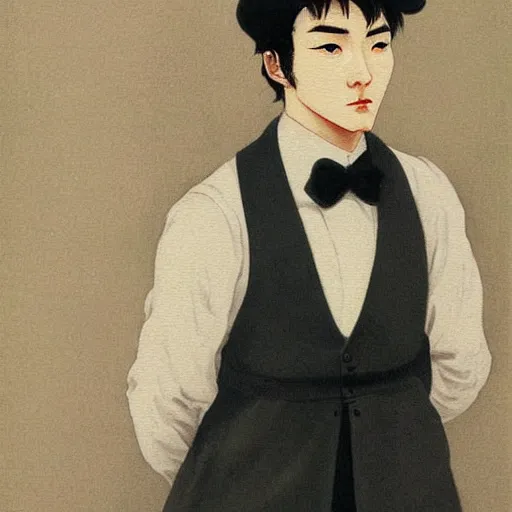 Prompt: painting of grumpy handsome beautiful man in his 2 0 s named min - jun in a french female maid outfit, modern clothing, elegant, clear, painting, stylized, delicate facial features, soft but grumpy, highly detailed, art, art by egon yamamoto