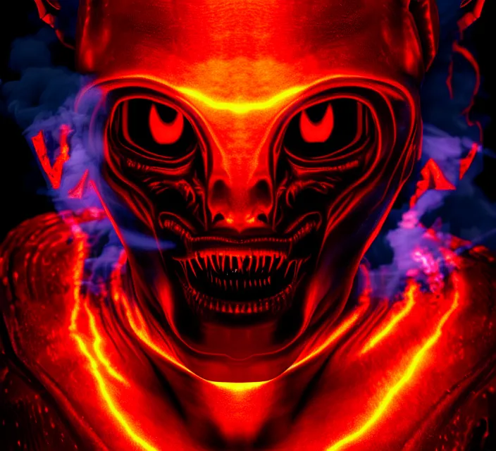 Prompt: A Demon made out of smoke with fiery eyes in holograms of alien artifacts, electrical case display, total recall tech, , ultrarealistic, dramatic lighting, electrical details, high details, 4k, 8k, best, accurate, trending on artstation, artstation, photorealism, ultrarealistic, digital painting, style of Tristan Eaton Stanley Artgerm and Hajime Sorayama, Caravaggio, Boris Vallejo