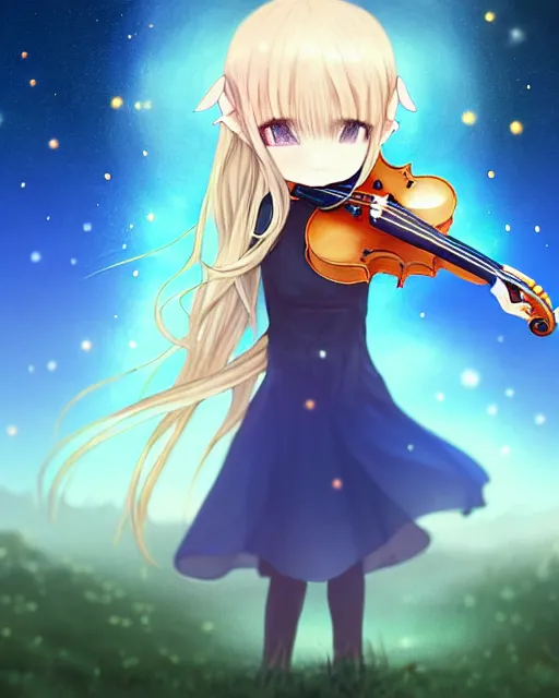 Image similar to chibi, cute, female, full body, elf girl with white skin and golden long wavy hair, holding a violin and playing a song, stunning art style, filters applied, lunar time, night sky, trending art, sharp focus, centered, landscape shot, fate zero, simple background, studio ghibly makoto shinkai yuji yamaguchi, by wlop