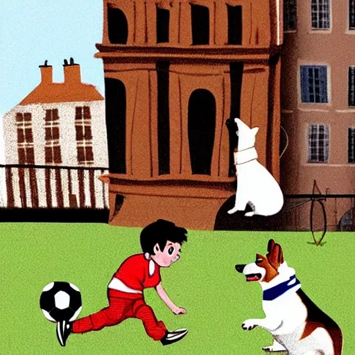 Image similar to illustration of french boy in paris playing football against a corgi, the dog is wearing a polka dot scarf