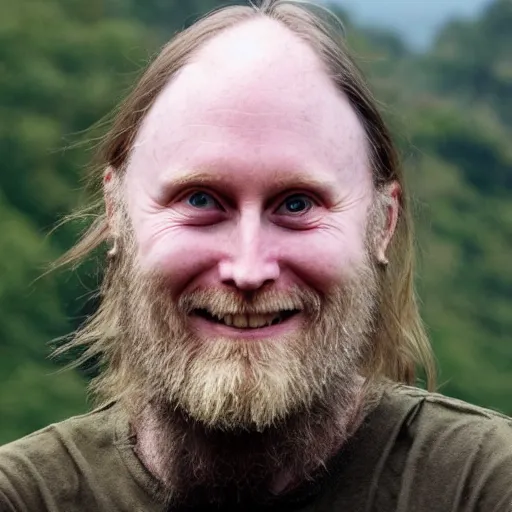 Image similar to varg vikernes smiling at the camera with mothman flying in the distance, photograph