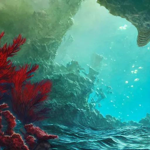 Image similar to underwater view of a strange alien world, some washed out red and green plant life, giant leviathan swimming far in the background, deep blue sea color, artstation