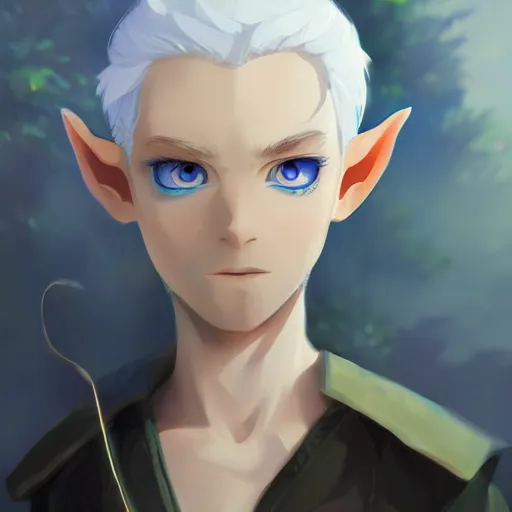 Image similar to an elf with white hair, blue eyes, wearing crow feathers. highly detailed, digital painting, artstation, matte, by makoto shinkai, animation style