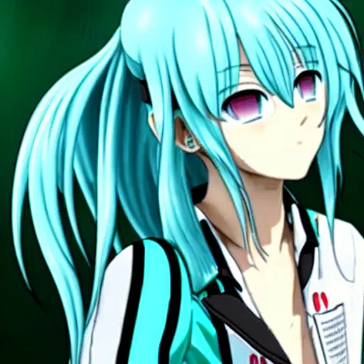 Prompt: hatsune miku high on weed with bloodshot eyes smoking with a vape pen.