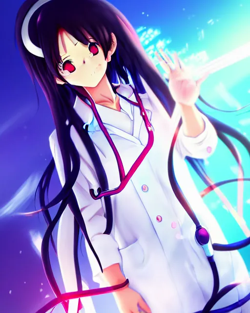 Image similar to anime style, vivid, expressive, full body, 4 k, painting, a cute magical girl with a long wavy black hair wearing a nurse outfit, stunning, realistic light and shadow effects, centered, simple background, studio ghibly makoto shinkai yuji yamaguchi