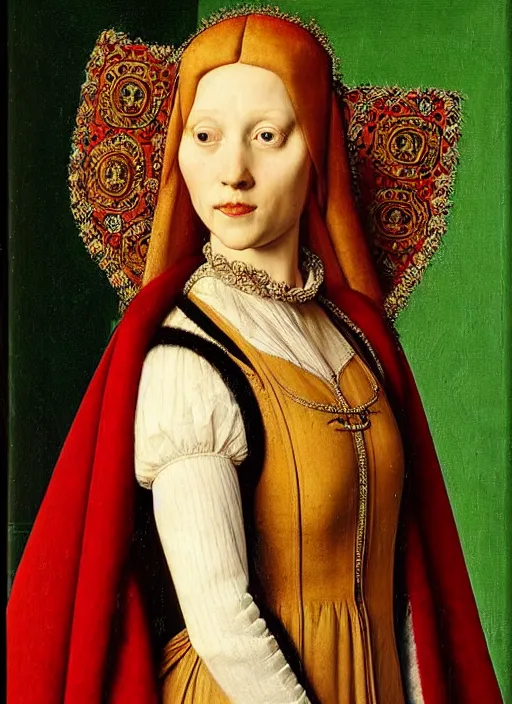 Prompt: portrait of young woman in renaissance dress and renaissance headdress, art by jan van eyck