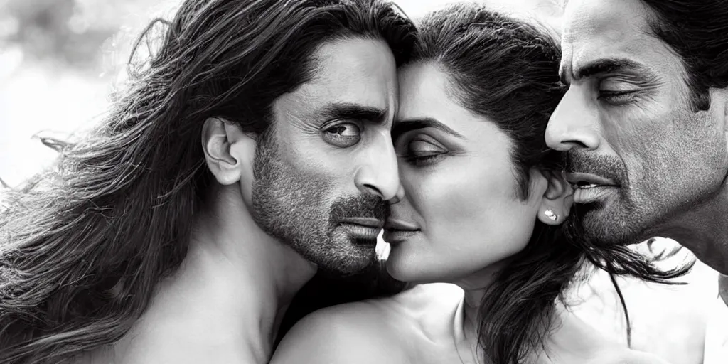 Image similar to closeup of kareena kapoor and arjun rampal kissing, natural lighting, hyper detailed, 1 0 0 mm, photographic, cinematic lighting, studio quality.