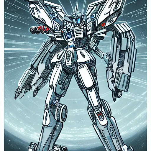 Image similar to vitruvian mecha, isometric concept gundam macross evangelion, illuminated features, ink outlines, detailed hatching, dramatic moonlit lighting, diagram specifications notations, by alex pardee, dan mumford