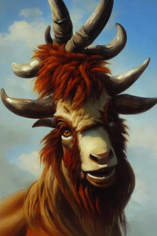 Image similar to oil painting of a tauren, in style of ivan aivazovsky, expressive face, detailed face, detailed eyes, full body, feminine face, tracer overwatch,