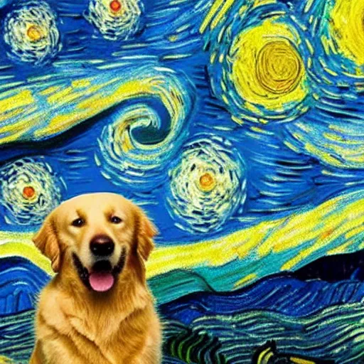 Image similar to painted golden retriever playing in vincent van gogh's starry night